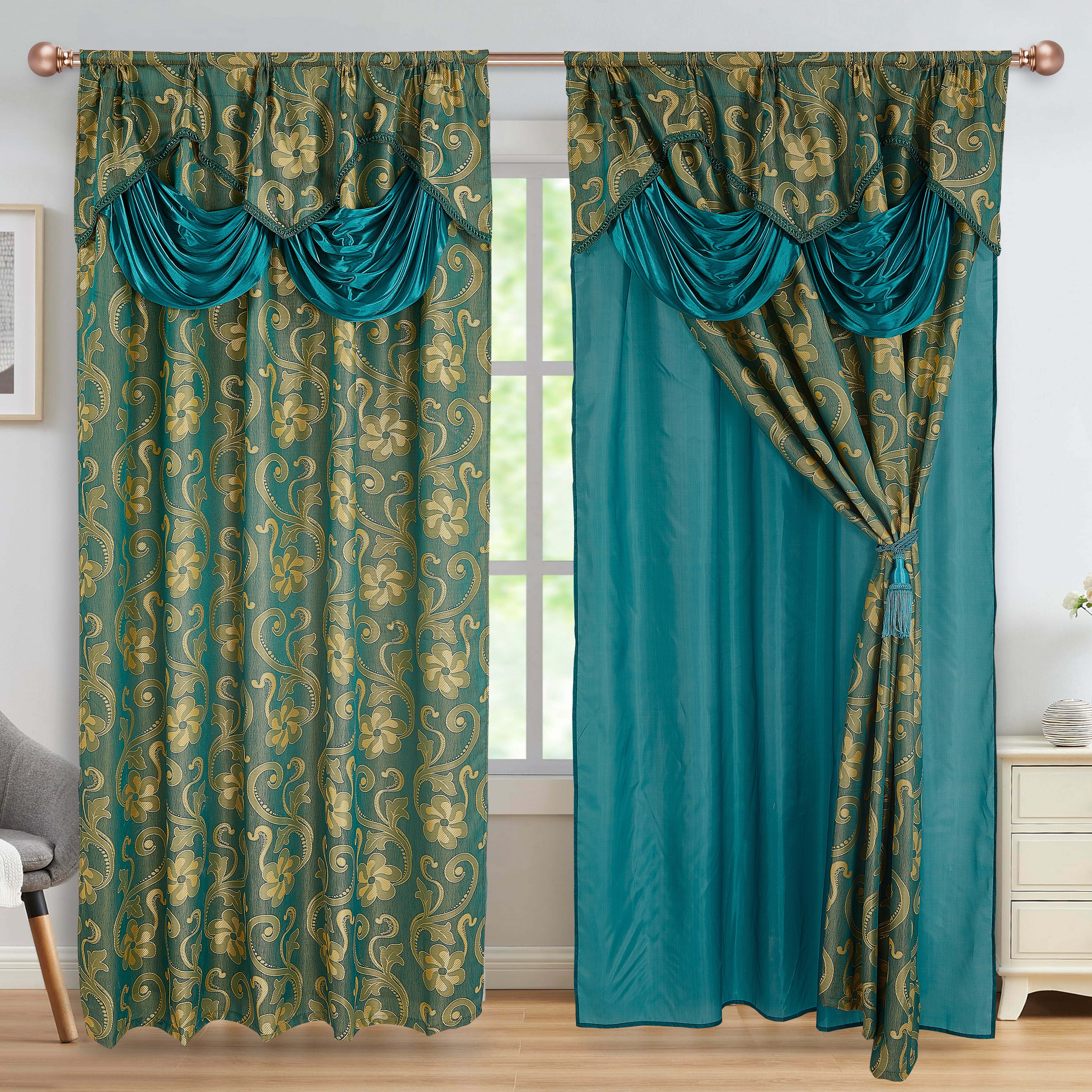 2 Pieces Amina Collection Jacquard Window Curtain With Valance and Backing (1750)