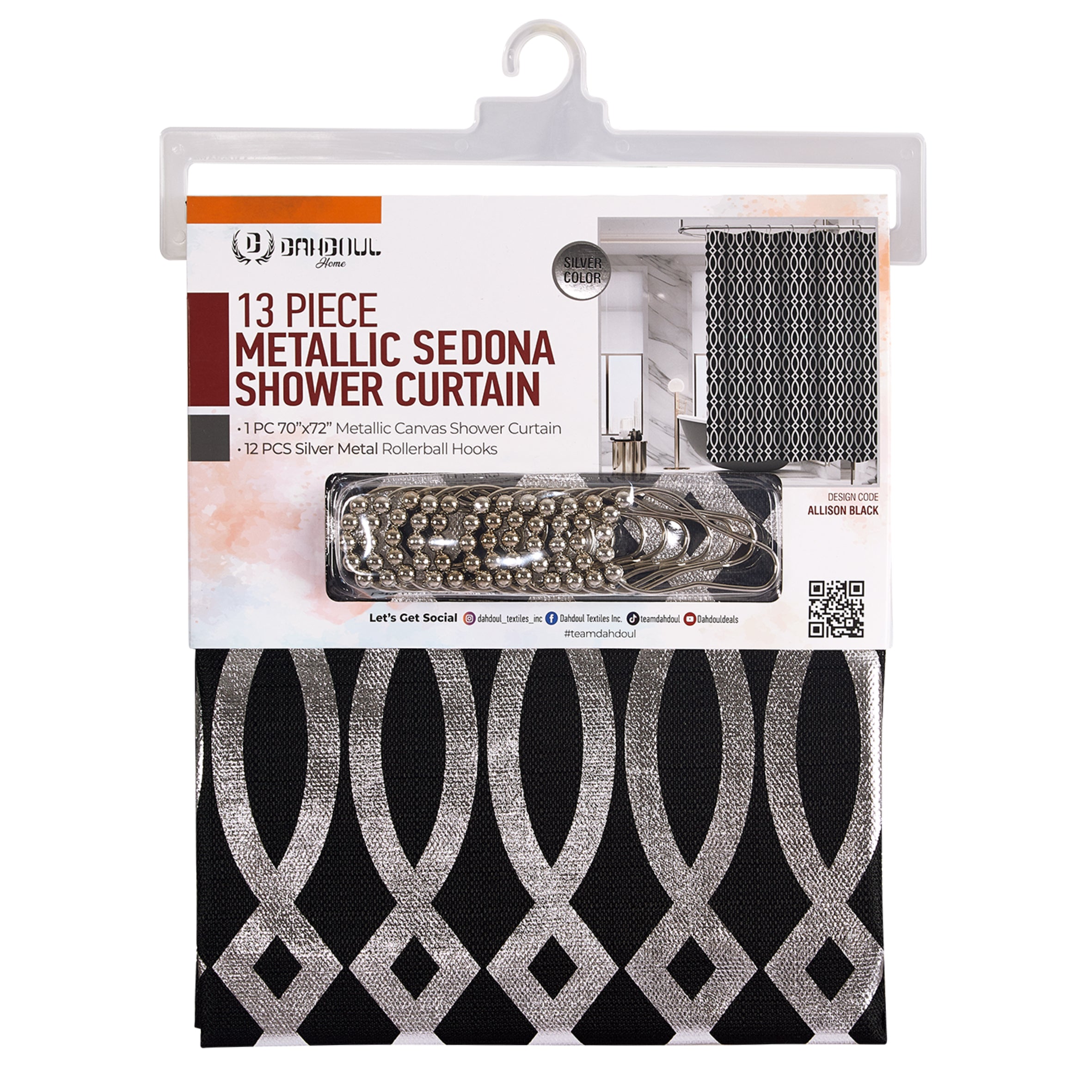 13 Pieces Metallic Sedona Shower Curtain | Allison- Black with Silver Foil