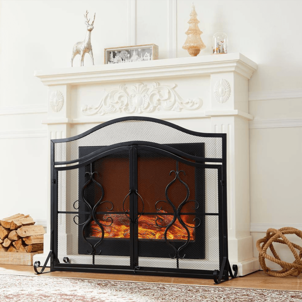 Brescia Black Iron 2-Panel Fireplace Screen with Decorative Filigree - Dahdoul Online