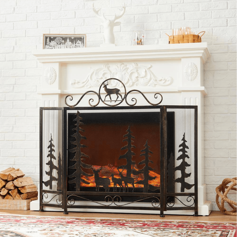 Savona Black Iron 3-Panel Fireplace Screen with Decorative Filigree - Dahdoul Online