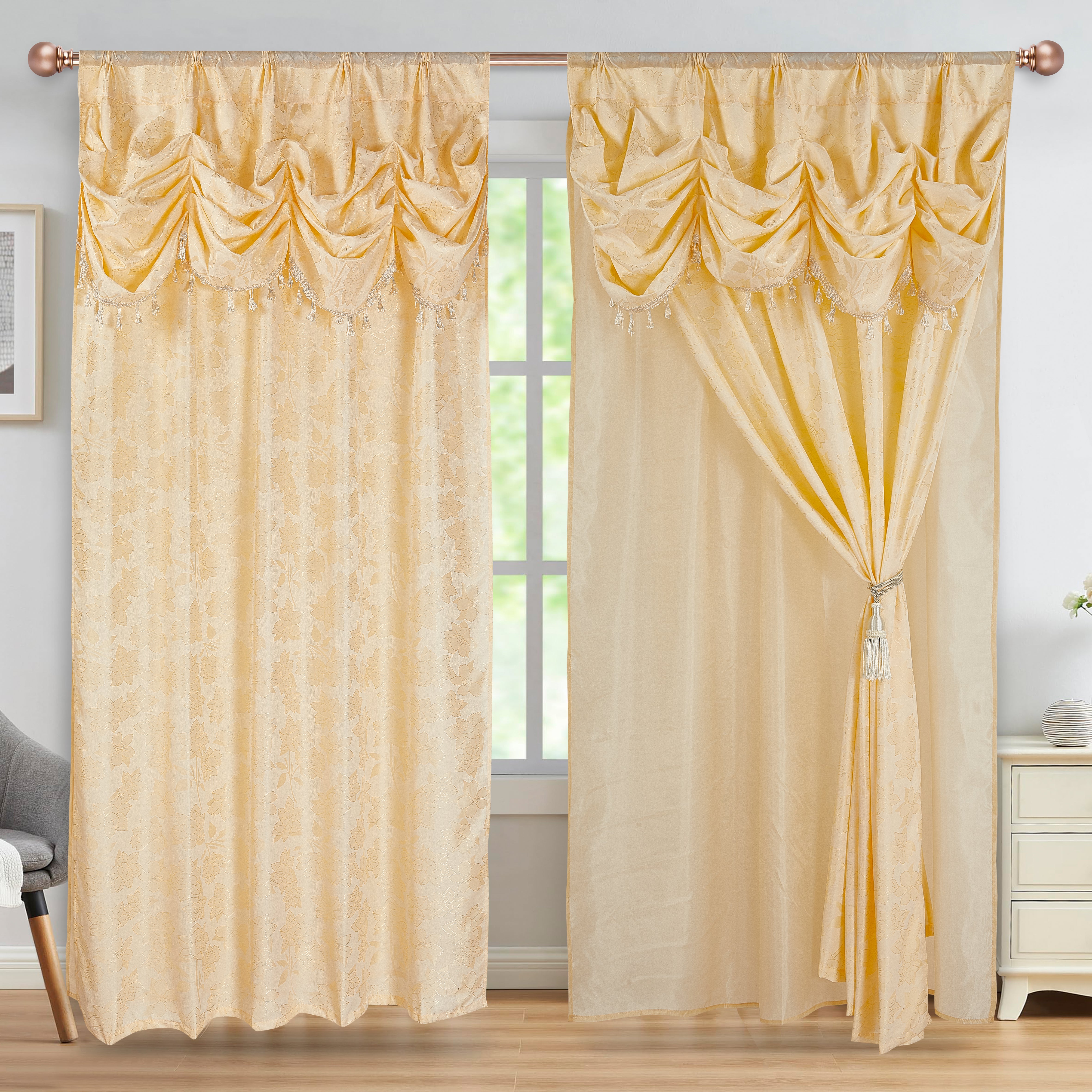 2 Pieces Amina Collection Jacquard Window Curtain With Valance and Backing (1749)