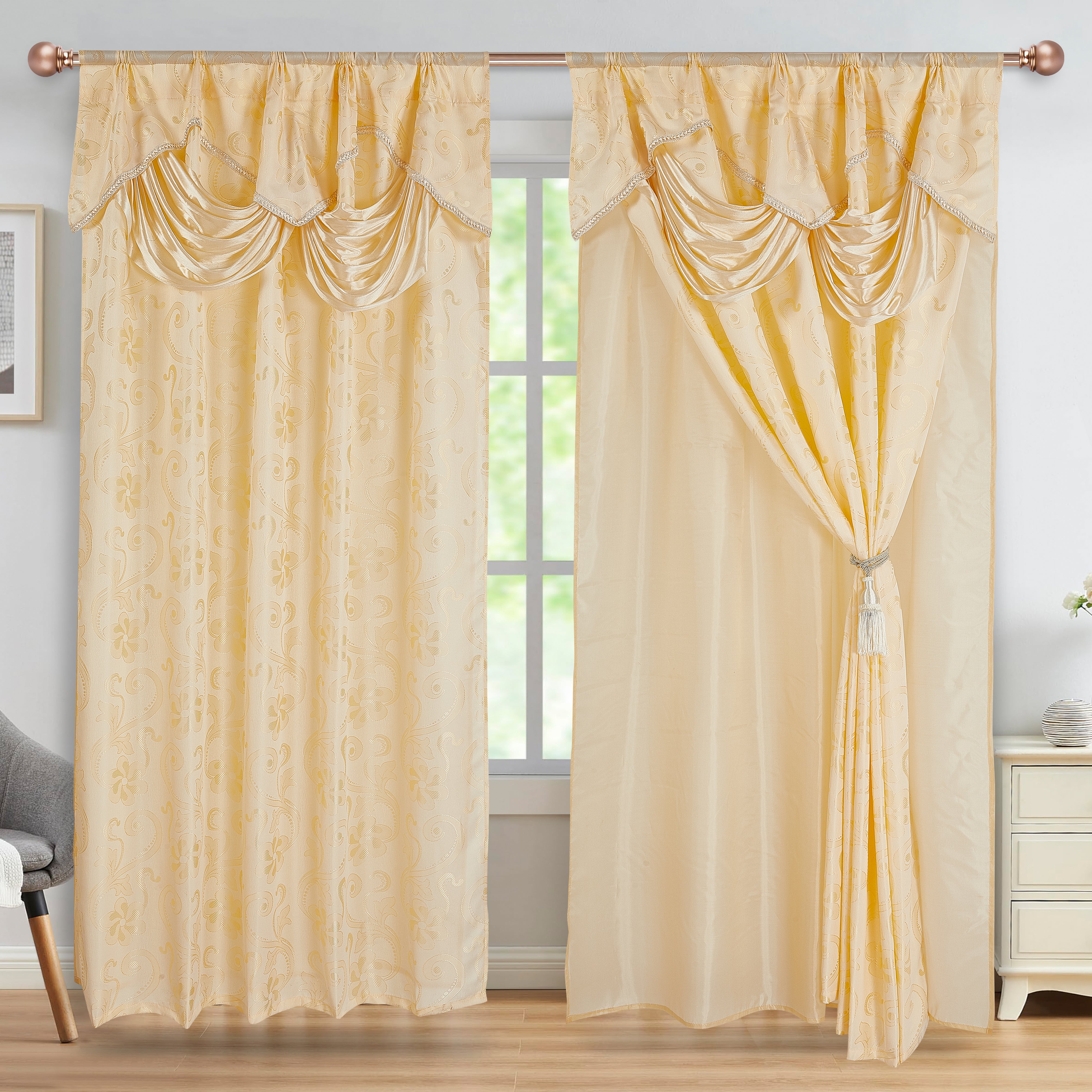 2 Pieces Amina Collection Jacquard Window Curtain With Valance and Backing (1750)