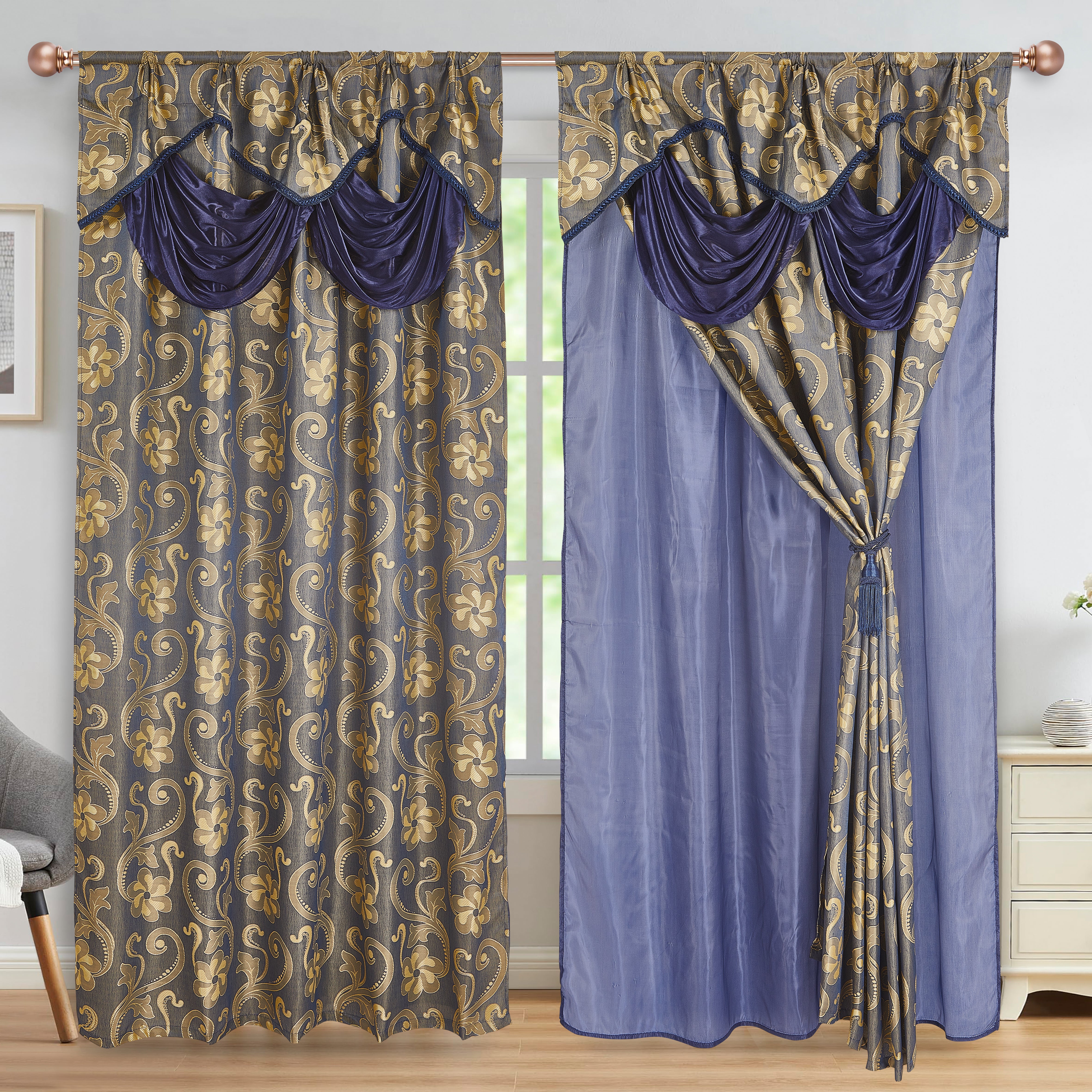 2 Pieces Amina Collection Jacquard Window Curtain With Valance and Backing (1750)
