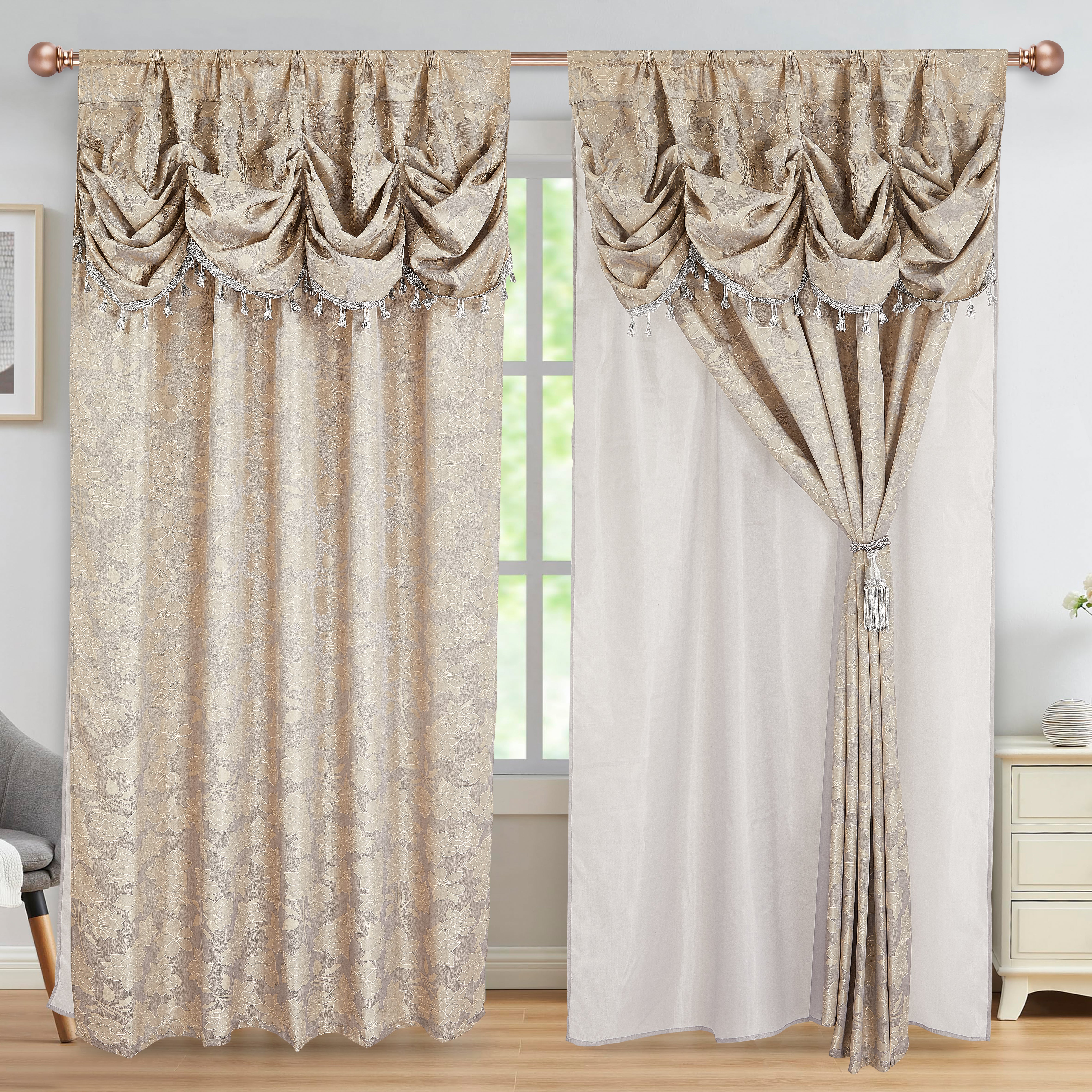 2 Pieces Amina Collection Jacquard Window Curtain With Valance and Backing (1749)