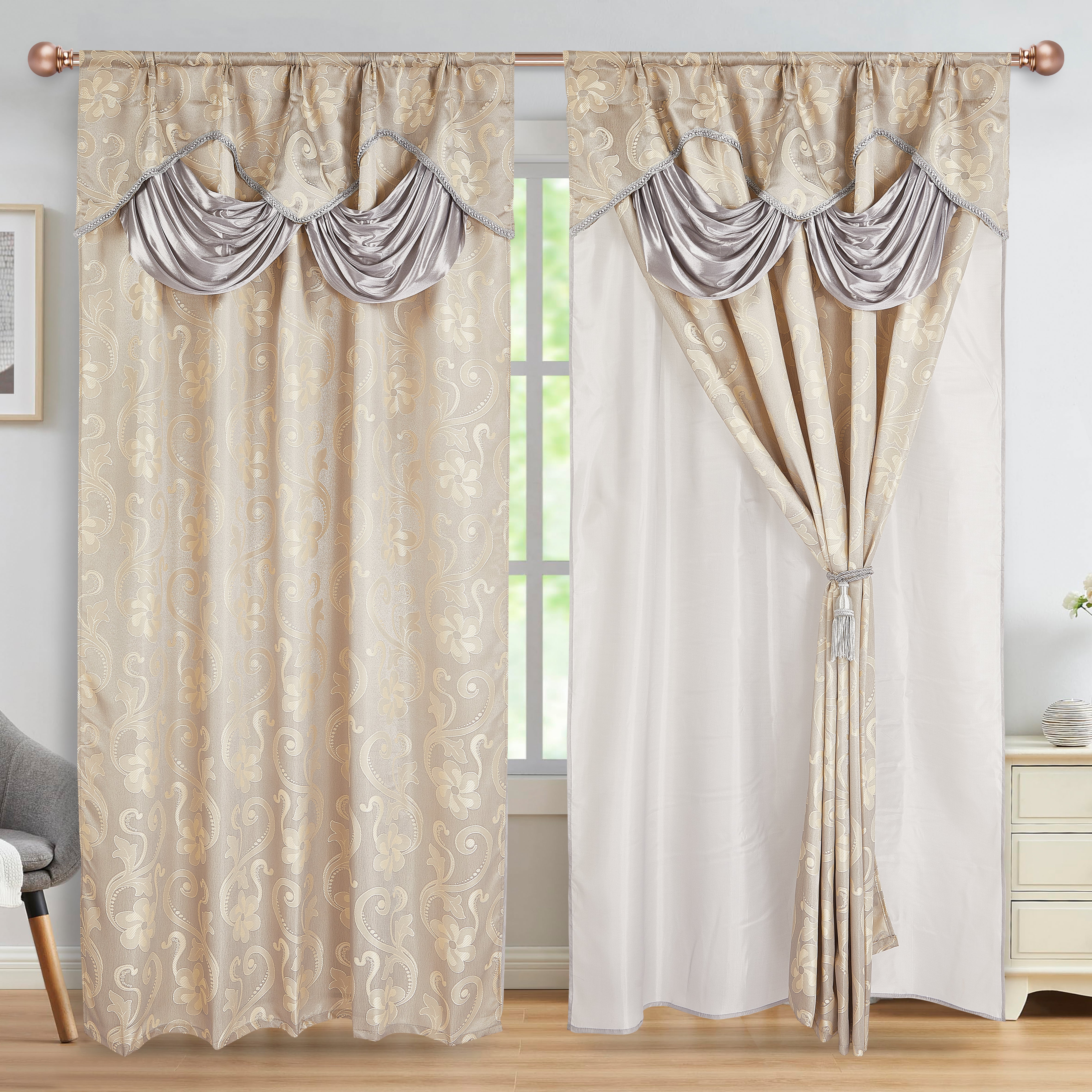 2 Pieces Amina Collection Jacquard Window Curtain With Valance and Backing (1750)