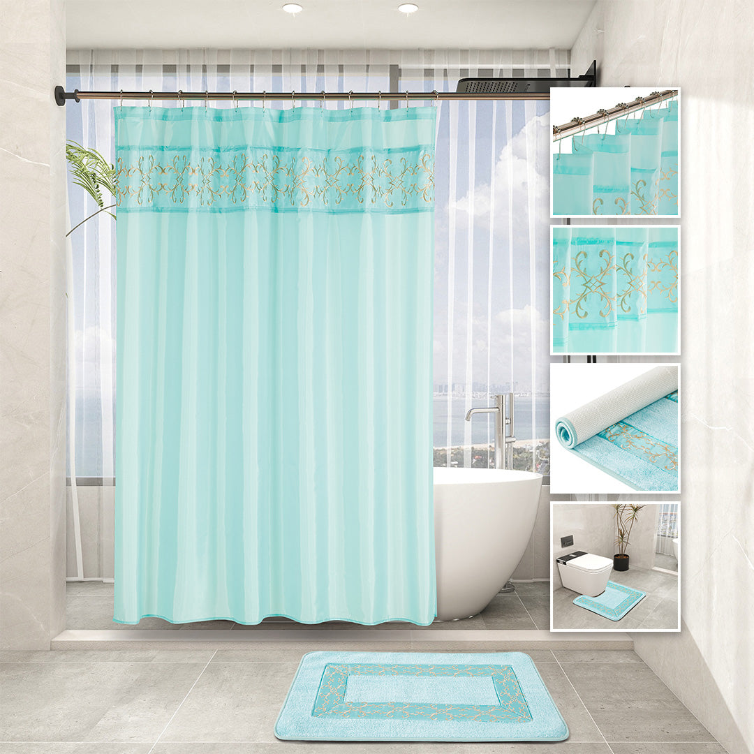 Aqua 7-piece bathroom set with embroidered shower curtain, two rugs, towel trio, and hooks.