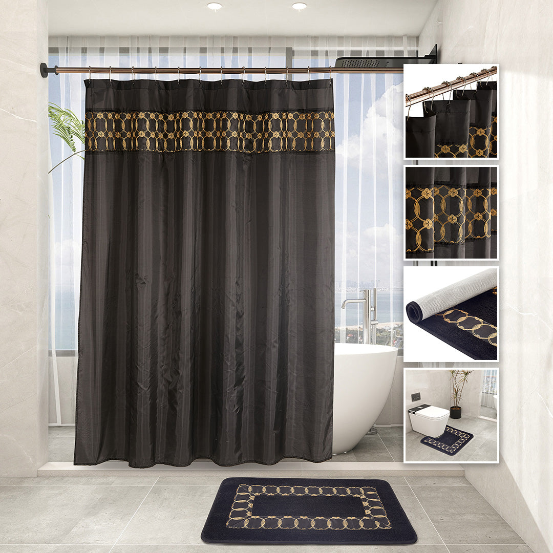 Black 7-piece bathroom set with gold-embroidered shower curtain, matching rugs, towels, and hooks.