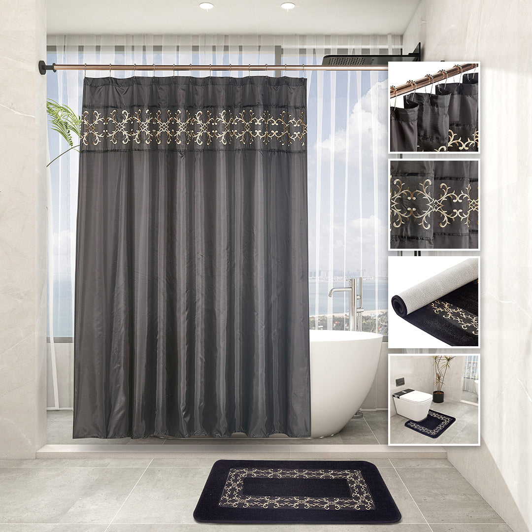 Black 7-piece bathroom set with gold-embroidered shower curtain, matching rugs, towels, and hooks.