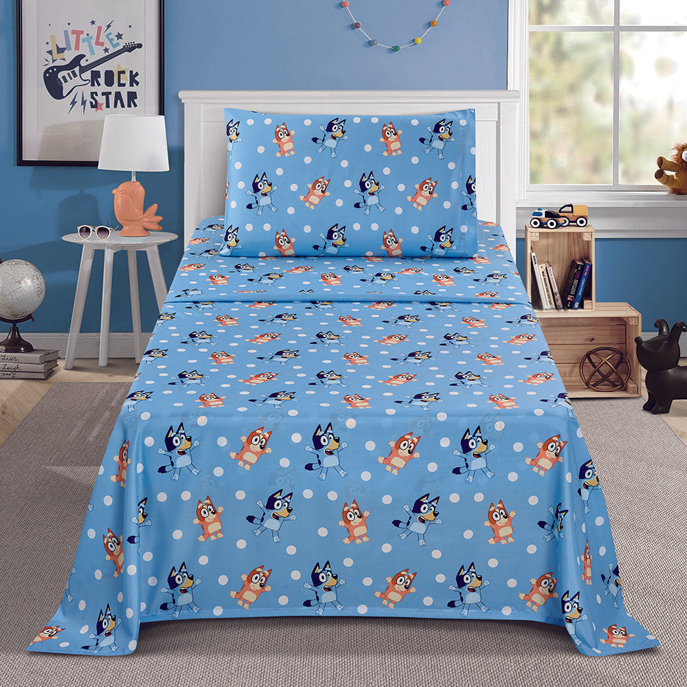 3 Piece "Blue Polka Dots" Bluey Twin BBC Bedsheet Set