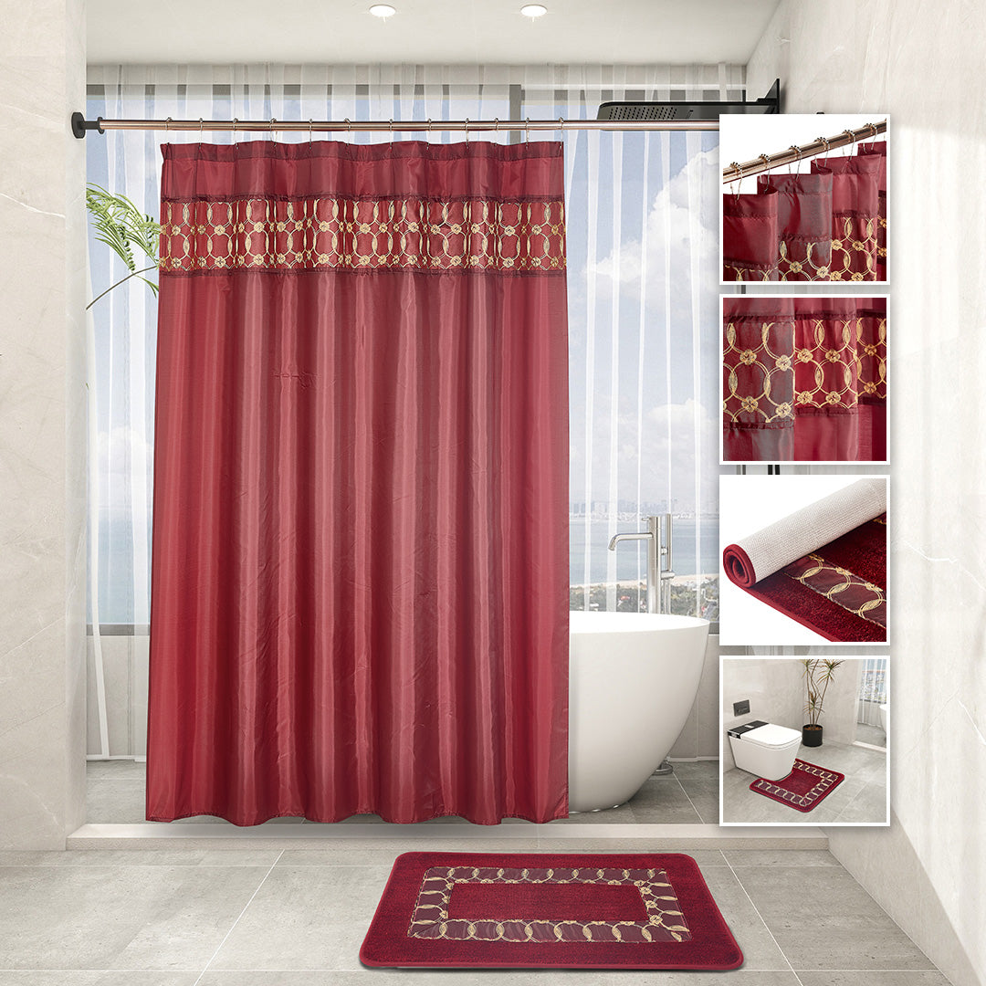 Burgundy 7-piece bathroom set featuring gold embroidery, two rugs, towel set, and curtain hooks.