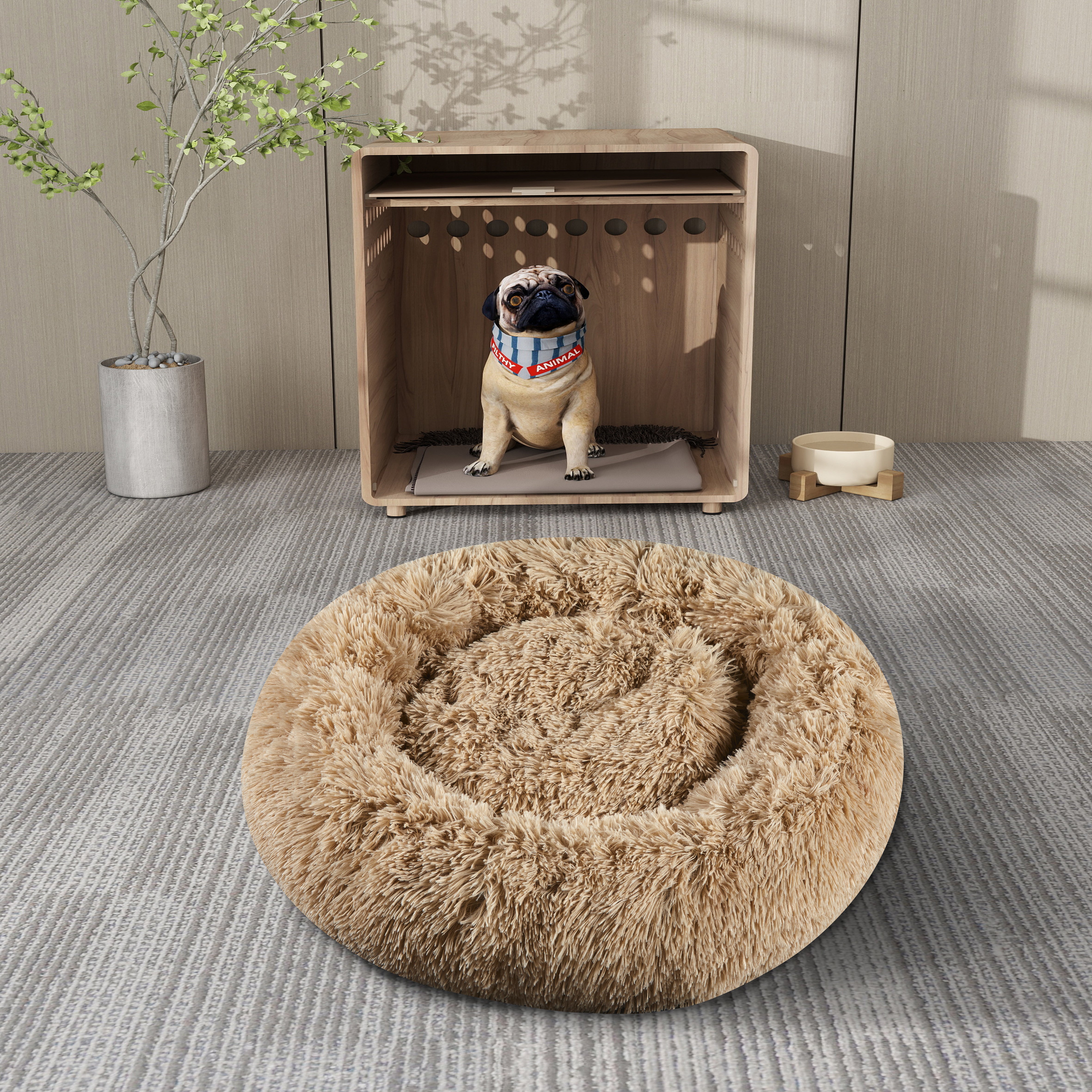 Round Calming Pet Bed with Ultra-Soft Plush Fabric, Cozy Donut Bed for Cats and Small to Medium Dogs