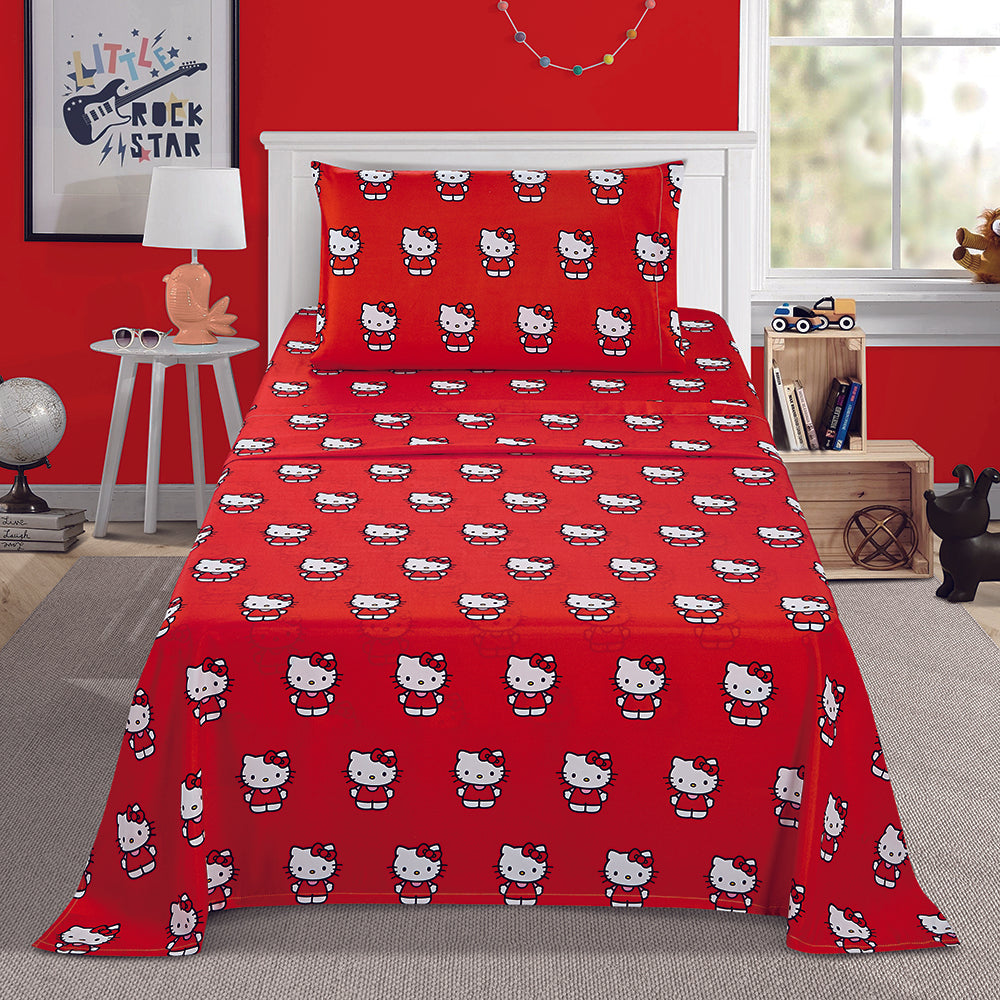 3 Piece "Classic Girl in Red" Hello Kitty Twin Sanrio Bedsheet Set