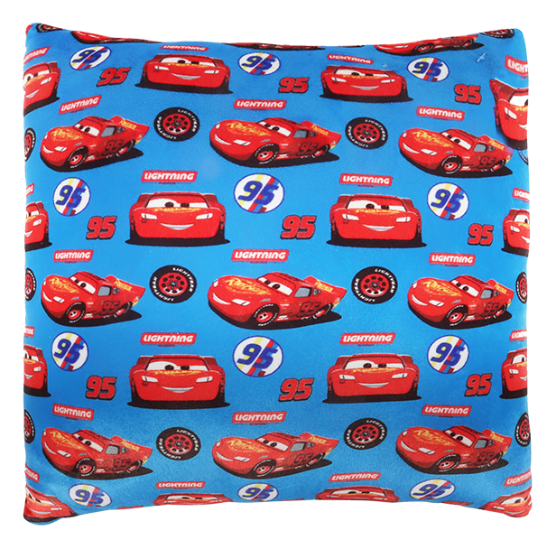 Disney Pixar Cars decorative throw pillow with Lightning McQueen all-over print on a blue cushion cover.