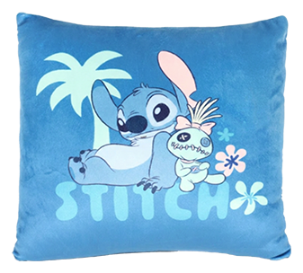 Disney Stitch decorative throw pillow with tropical palm tree design on a light blue cushion cover.