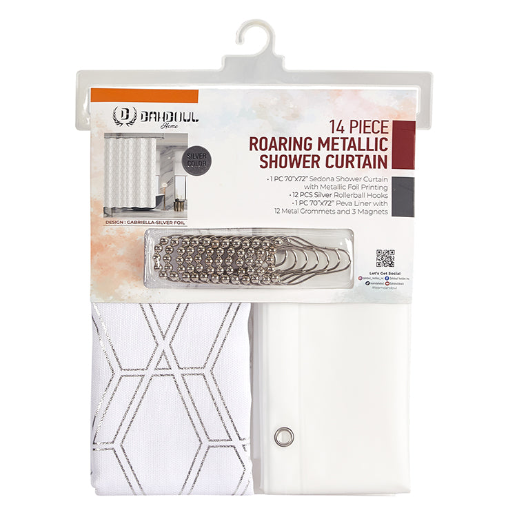 14 Piece "Gabriella-Silver Foil" Roaring Metallic Shower Curtain