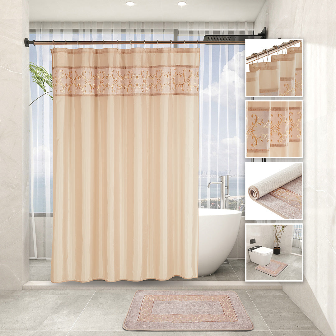 Light Taupe 7-piece coordinated bathroom set with embroidered curtain, rugs, towels, and hooks.