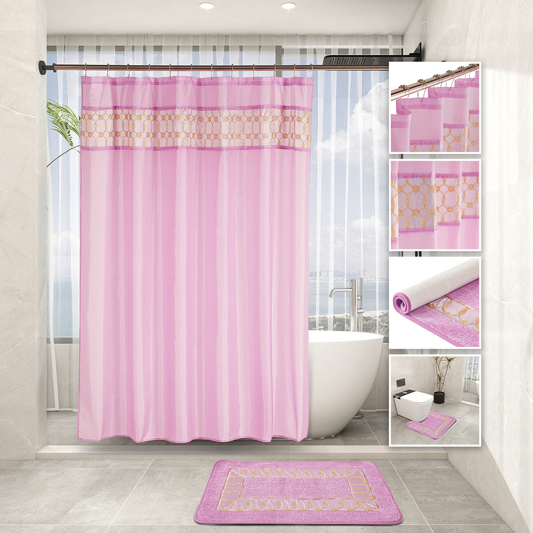 Lilac 7-piece bathroom set with delicate embroidered curtain, two rugs, towel trio, and hooks.