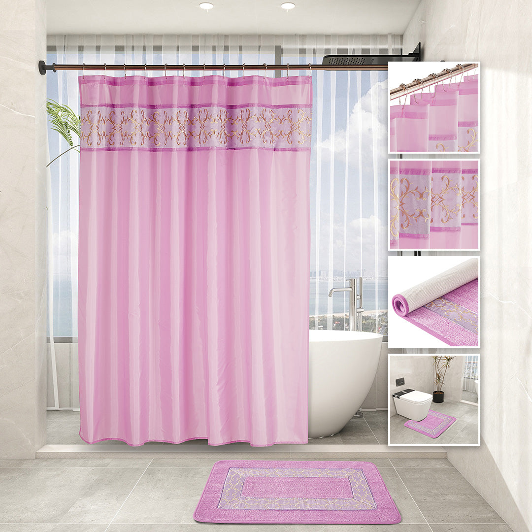 Lilac 7-piece bathroom set with delicate embroidered curtain, two rugs, towel trio, and hooks.