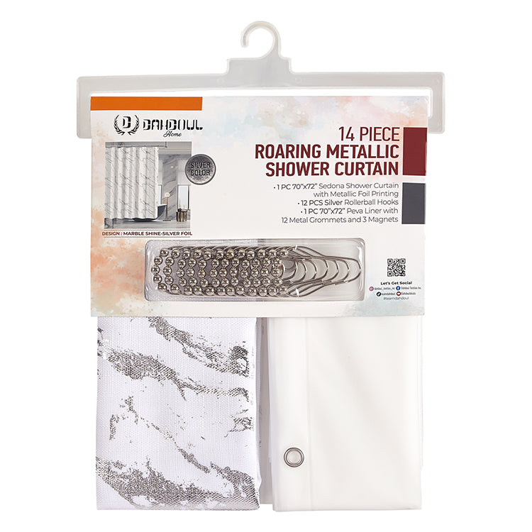 14 Piece "Marble Shine-Silver Foil" Roaring Metallic Shower Curtain