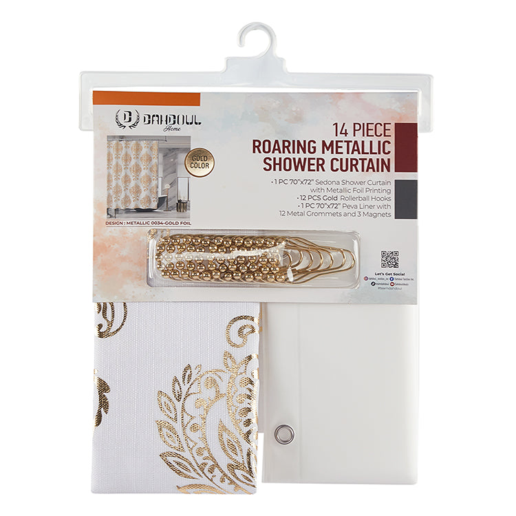 14 Piece "Metallic 0034-Gold Foil" Roaring Metallic Shower Curtain