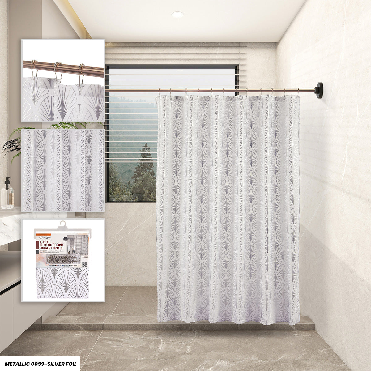 Metallic Sedona Silver Fan Shower Curtain – Art deco silver pattern, 70"x72", includes 12 silver rollerball hooks, water-repellent Sedona fabric.
