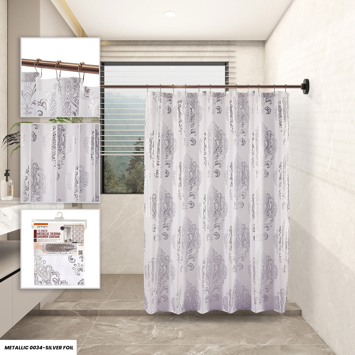 Metallic Sedona Silver Foil Shower Curtain Set – Modern silver damask print, 70"x72", includes 12 silver rollerball hooks, water-repellent finish.