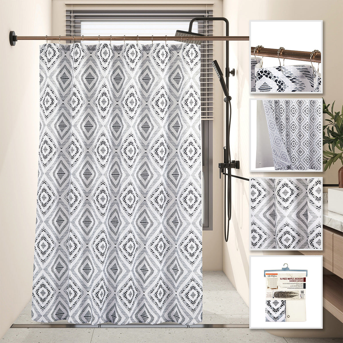 14 Piece Waffle Jacquard Shower Curtain "Violet" - (SOLID CASE PACK 12 CURTAINS PER CASE)