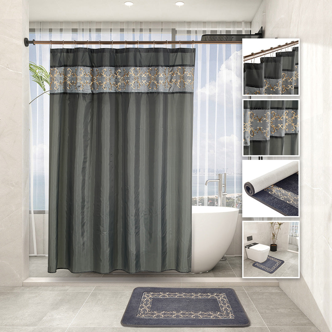 Oxford grey-blue 7-piece bathroom set with embroidered curtain, two rugs, towel set, and hooks.