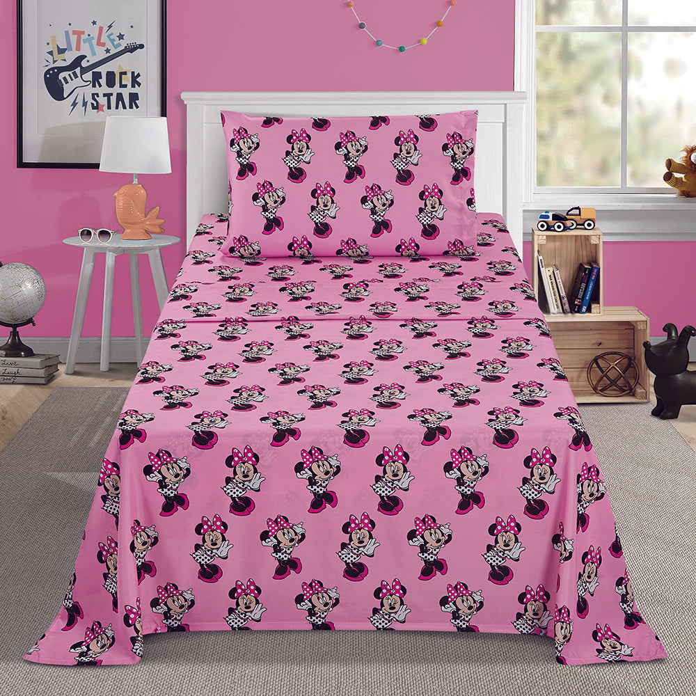 3 Piece "Polka Dot Bow (Pink)" Minnie Twin Disney Bedsheet Set