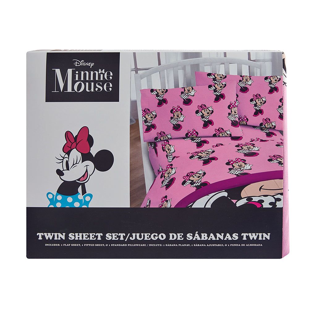 3 Piece "Polka Dot Bow (Pink)" Minnie Twin Disney Bedsheet Set