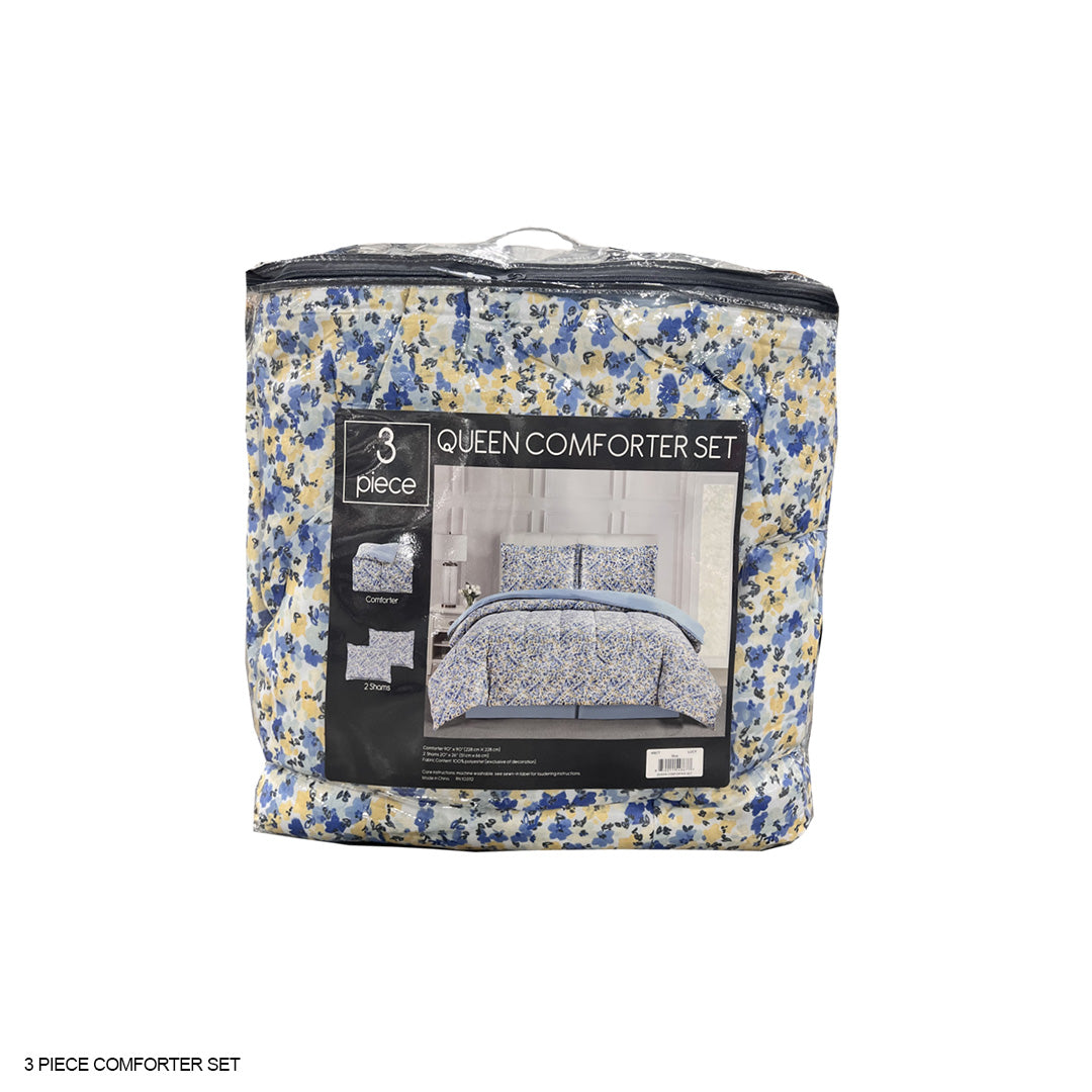 QUEEN COMFORTER SET 3 PIECE FLORAL DESIGN-(SOLID CASE PACK 4 COMFORT SET)