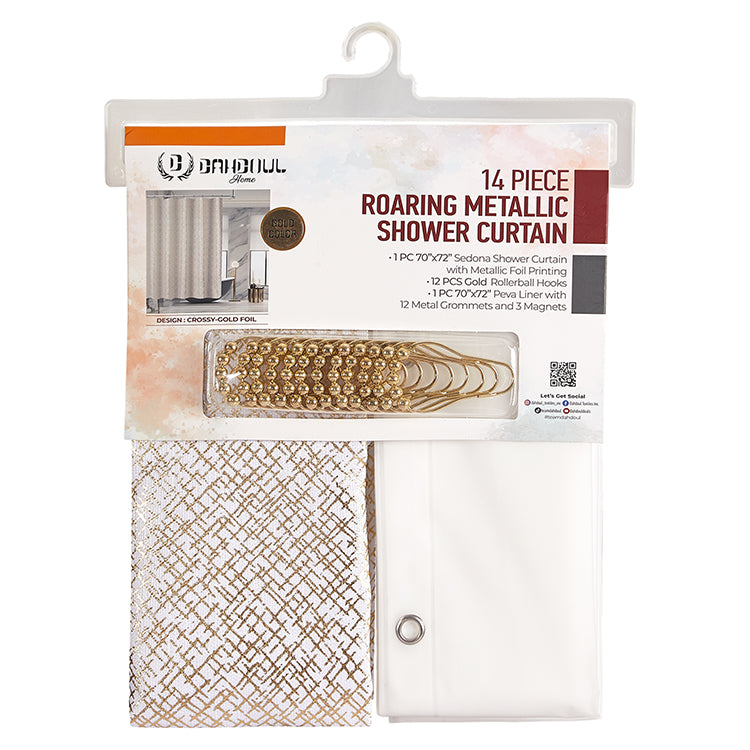 14 Piece "Crossy-Gold Foil" Roaring Metallic Shower Curtain