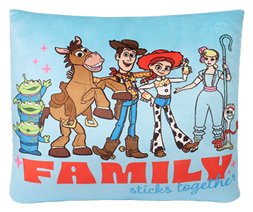 Toy Story family decorative throw pillow featuring Woody, Jessie, Bullseye, Bo Peep and Little Green Aliens on a light blue cushion cover.