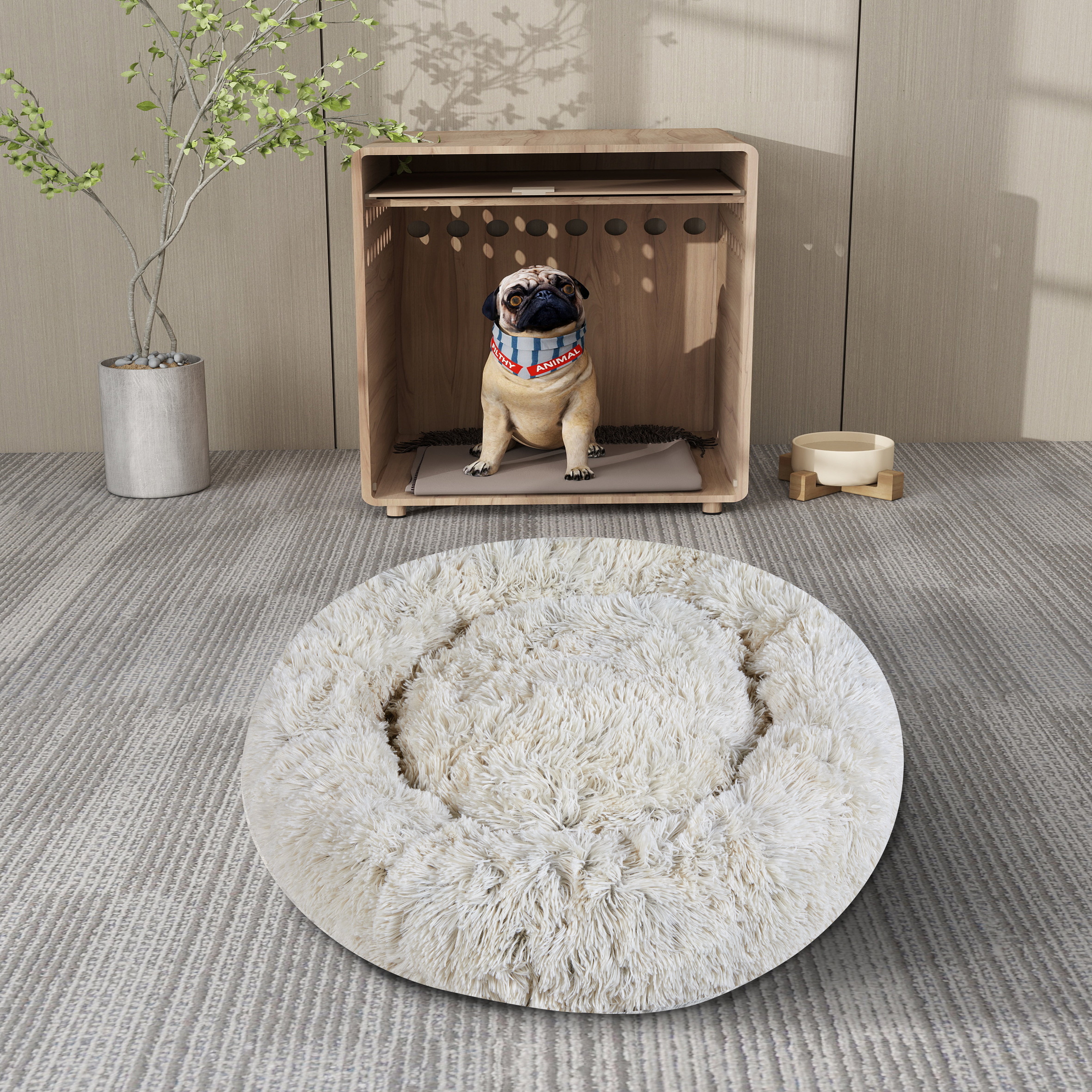 Round Plush Calming Pet Bed for Cats and Dogs