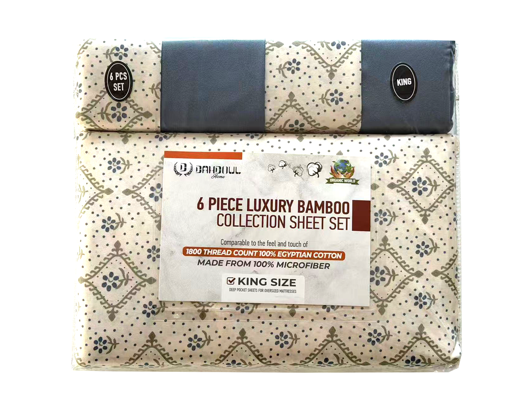 Luxury Bamboo Collection 6 Piece Sheet Set with Printed Design, 1800 Series Wrinkle-Free Microfiber Bedding Set